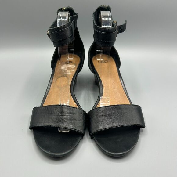 Ugg Char Sandals Ankle Strap Black Leather Mini Wedge Women’s Size 10 - Picture 3 of 12